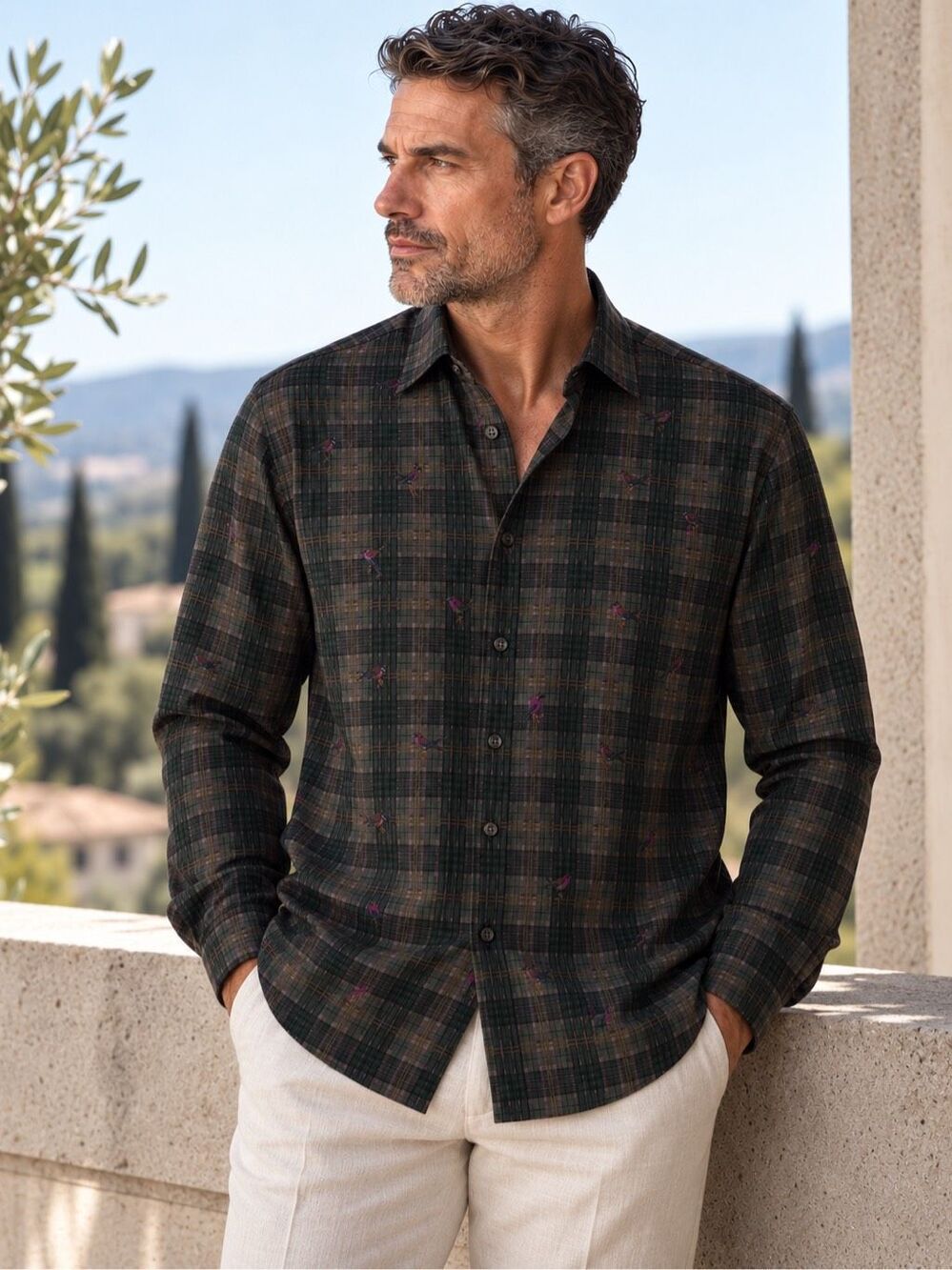 Vintage Y2K ETRO Milano Men XL 45 Plaid Bird Print Cotton Shirt Italy Old Money